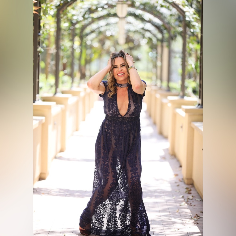 Navy Lace Dress, Open Back with button closure around neck, nude body suit